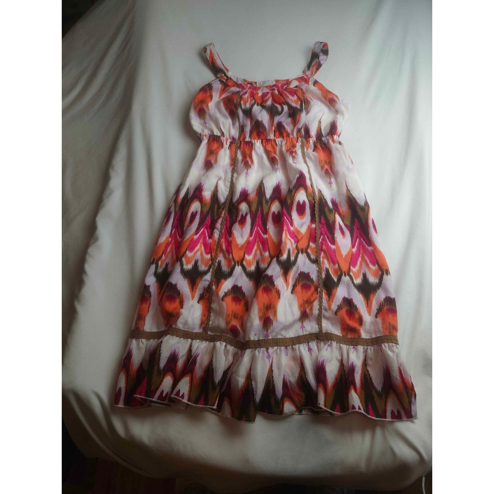 Passport Women Pink Orange Ikat Peacock Print Empire Waist Ruffle Midi Dress L